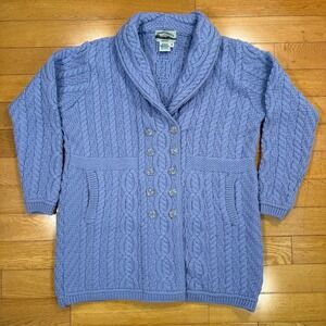 Aran Crafts Ireland 100% Merino Wool Blue Cable Knit Cardigan Sweater Womens XL